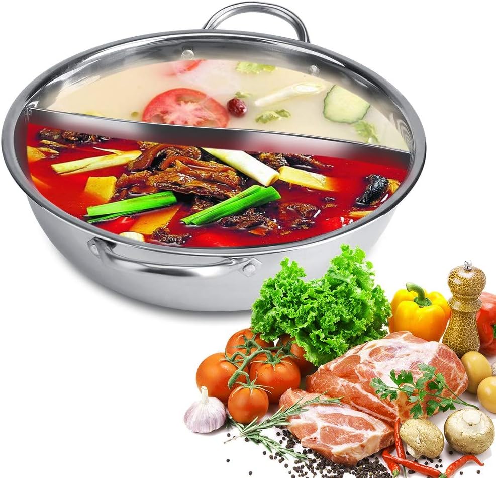 Stainless Steel Pot with Divider for Double-Flavor Soup Cooking, Suitable for Family Gatherings
