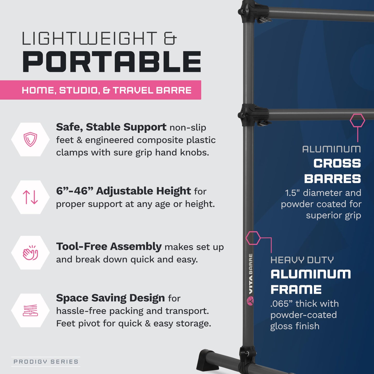 VITA Barre Portable Freestanding Double Ballet Barre, Prodigy, 6 Ft Bars, Dark Mystic Gray | Adjustable Height, USA Made, Home or Gym Exercise Equipment for Kids & Adults | Dance, Fitness, Pilates