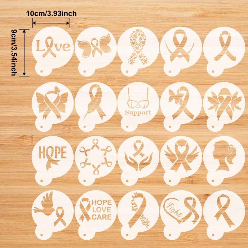 CIEMODA Cancer Awareness Coffee Stencil,Breast Cancer Awareness Stencils Set, 16pcs Pink Ribbon Reusable Cookie & Latte Art Stencils for Baking, Painting, and DIY Crafts