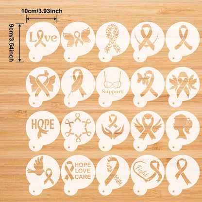 CIEMODA Cancer Awareness Coffee Stencil,Breast Cancer Awareness Stencils Set, 16pcs Pink Ribbon Reusable Cookie & Latte Art Stencils for Baking, Painting, and DIY Crafts