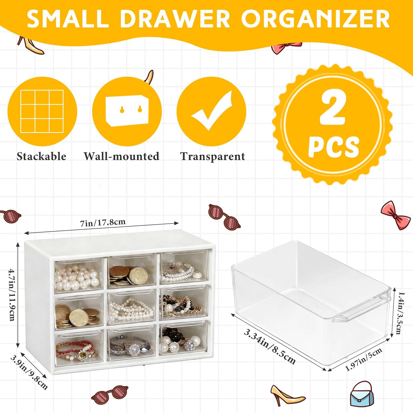 Wenqik 2 Pcs Mini Storage Drawers Teacher Toolbox Organizer with 9 Clear Drawers Small Plastic Desktop Teacher Desk Craft Organizer for Classroom Office 7" x 3. 9" x 4. 7" (Black, White)