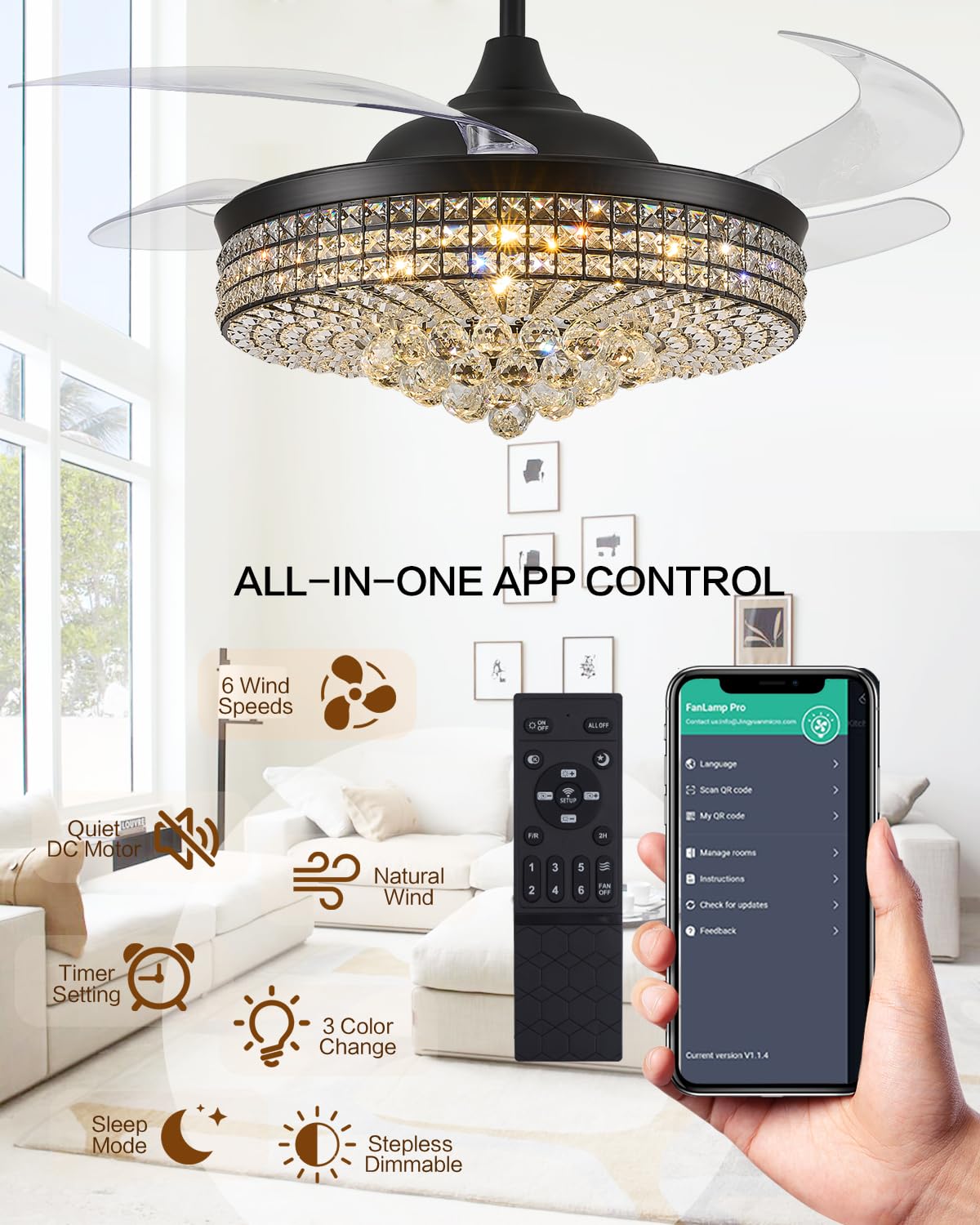 Trssdre 52" Dimmable Black Fandelier Ceiling Fans with Lights and Remote Modern Retractable Blade Crystal Chandelier Ceiling Fan for Bedroom Dinning Room Living Room