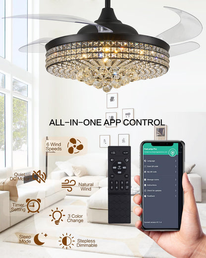 Trssdre 52" Dimmable Black Fandelier Ceiling Fans with Lights and Remote Modern Retractable Blade Crystal Chandelier Ceiling Fan for Bedroom Dinning Room Living Room
