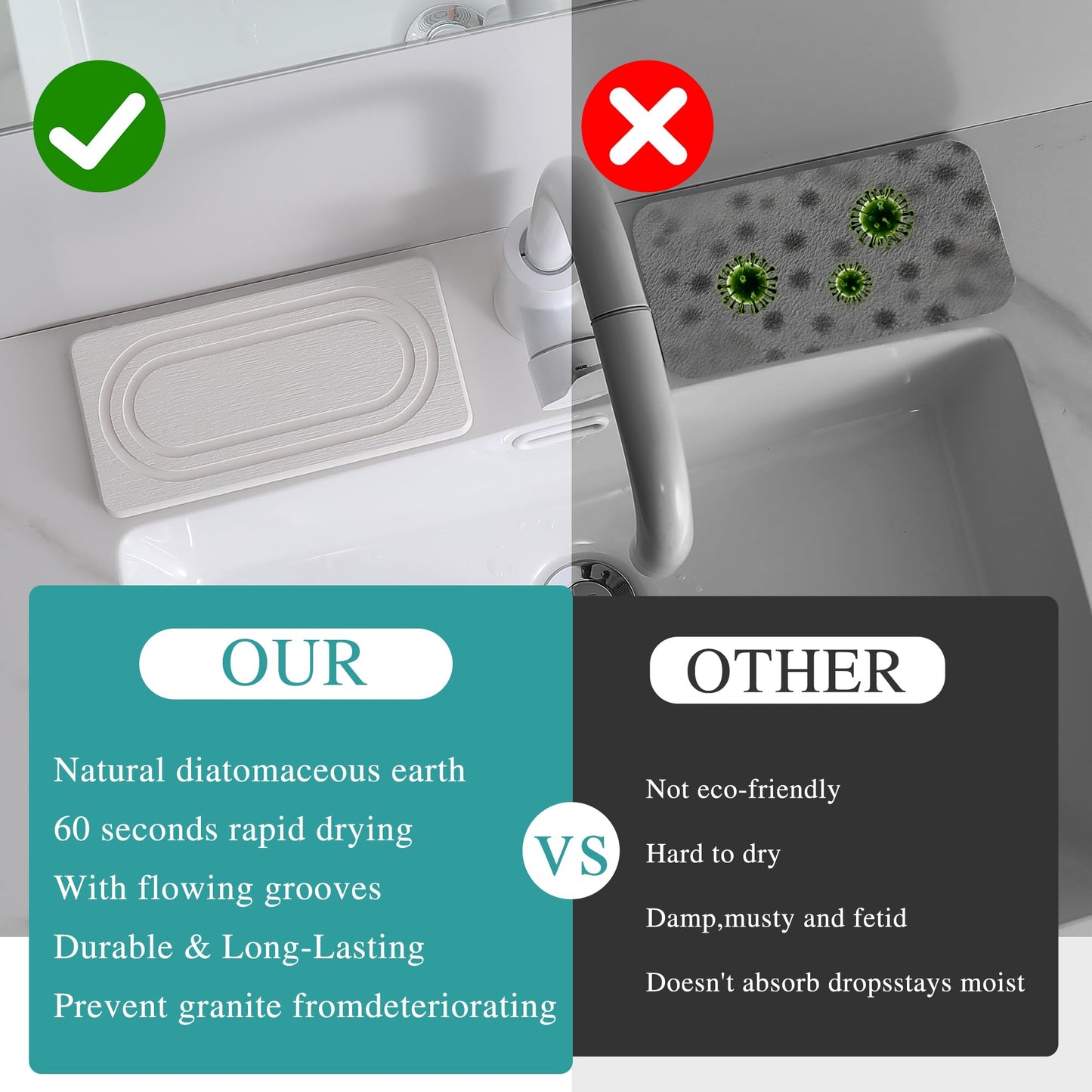 2PCS Water Absorbing Stone Tray for Sink, Quick Drying Diatomite Bathroom Tray Countertop, Stone Drying Mat for Kitchen Counter Faucet, Soap Dish Dispenser Vanity Organizer, White-7.9" x 4"