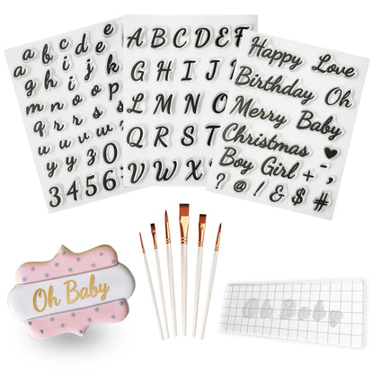 4PCS Alphabet Cake Stamps Tool with Brushes for Fondant Cookie Biscuit, Pretty Handwriting Food Grade Fondant Letter Stamp Uppercase Lowercase Numbers Words Reusable Cookie Stamp for Christmas Party