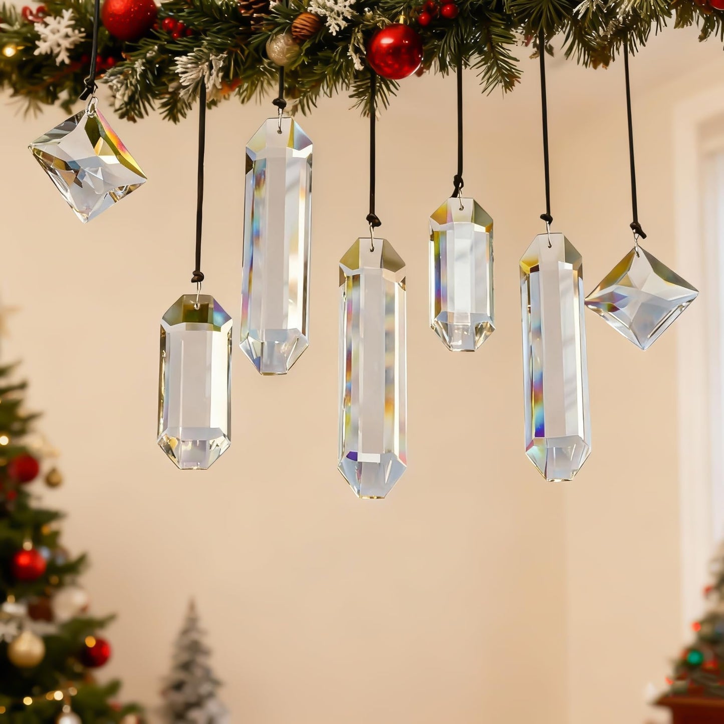 HDCRYSTALGIFTS Set 7 Clear Crystal Prisms Suncatchers Hanging Glass Ornament for Christmas Tree,Rainbow Maker Sun Catchers for Windows Home Garden Decoration,Modern Grief Gift