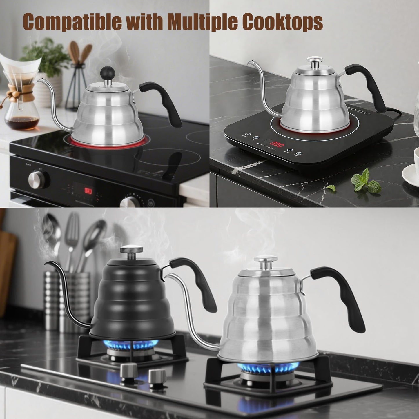 Tea Kettle with Thermometer Pot Black Stovetop Tea Kettle 40oz Gooseneck Kettle Teapot Pour Over Coffee Kettle with Thermometer,1200ml,5 Cup,Black,1Pack