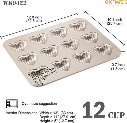 CHEFMADE Madeleine Mold Cake Pan, 12-Cavity Non-Stick Heart-shaped Bakeware for Oven Baking (Champagne Gold)