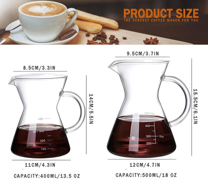 Pour Over Coffee Maker with Reusable Stainless Steel Drip Filter, Borosilicate Glass Carafe for 1-4 Cups