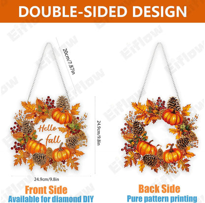 Eiflow Fall Diamond Art Hanging Kit for Adult Pumpkin Wreath, DIY Acrylic Diamonds Painting Ornament Double Sided Pendant Board Kit(Hello Fall)