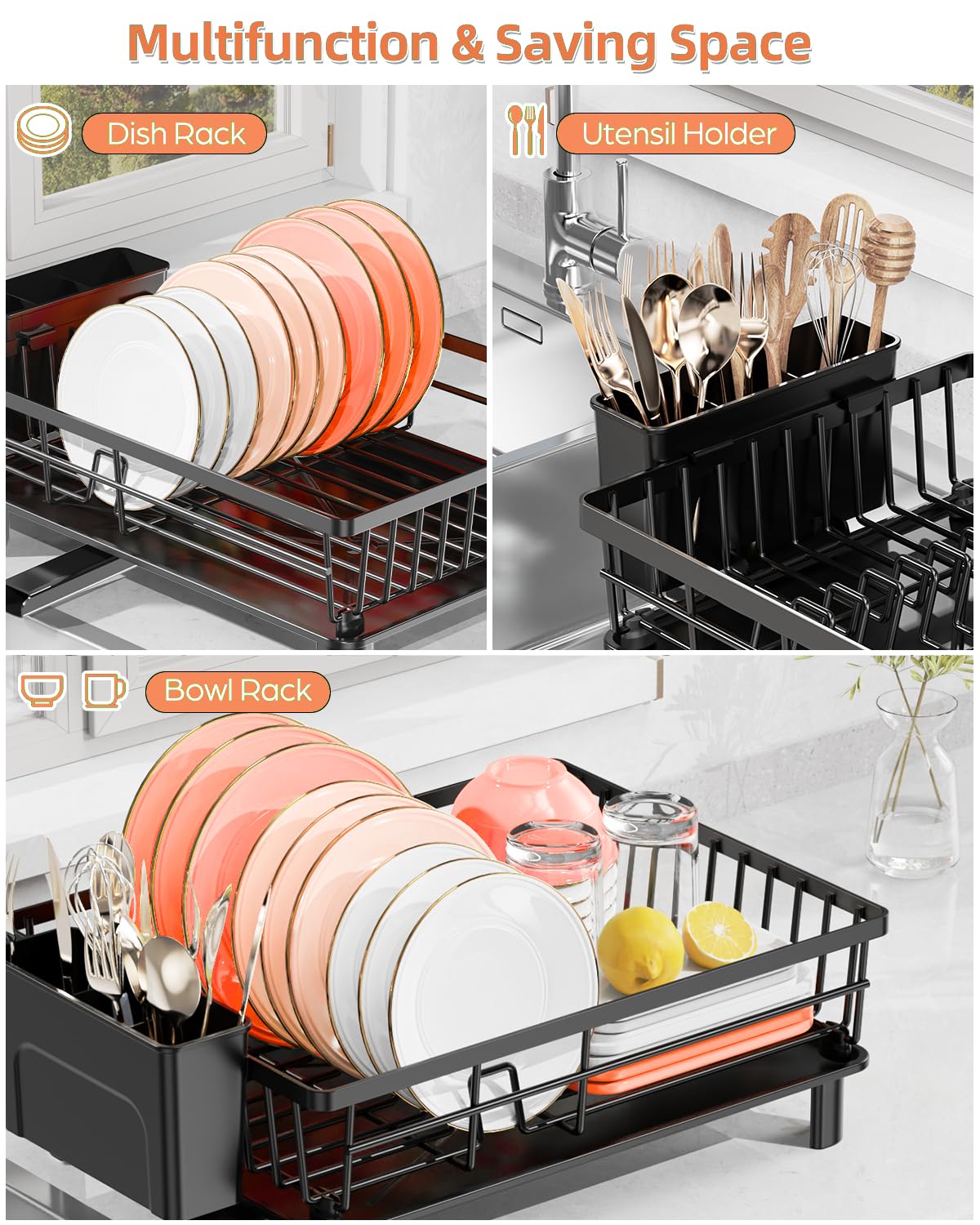 LIONONLY Dish Drying Rack for Kitchen Counter, Stainless Steel Drainer Anti Rust, Smart Drainage System Drainboard with Detachable Cutlery Holder, Handwash Dish Helper for Home, Apartment Space Saving