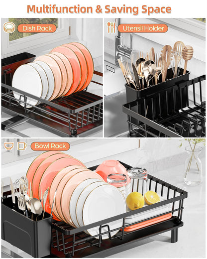 LIONONLY Dish Drying Rack for Kitchen Counter, Stainless Steel Drainer Anti Rust, Smart Drainage System Drainboard with Detachable Cutlery Holder, Handwash Dish Helper for Home, Apartment Space Saving