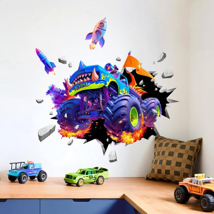 Supzone Monster Truck Wall Decals for Boys, 3D Racing Car Break Through The Wall Vinyl Wall Sticker for Kids Bedroom Nursery Playroom Classroom