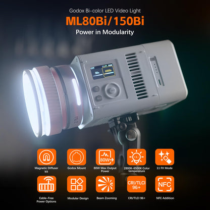 GODOX ML150BI LED Video Light BI-Color 2800K-6500K,Portable Handheld Led Photo Monolight,CRI 96+ TLCI 97+,61054Lux@1m,Support NFC&APP, for Photographers,Filmmakers,Studios
