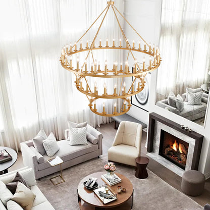 QJMPP 3 Tier Gold Wagon Wheel Chandelier,Extra Large 60-Inch 72-Light Circle Light Fixture,Round Chandeliers for Foyer Entryway Dining Room Living Room High Ceilings