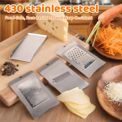 Aolzg 3-in-1 Handheld Cheese Grater Set for kitchen - Adjustable Slicer, Grater and Shredder with Tray - 430 Stainless Steel for Cheese, Butter, Vegetables, Chocolate, Dishwasher Safe