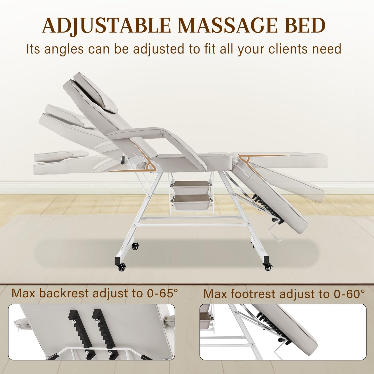 Tattoo Facial Chair with Wheel, Esthetician Massage Bed with Stool, Professional Adjustable Lash Tattooing Table with Breathing Hole Beauty Treatment Salon Spa Artist Equipment with 2-Tary, Grey