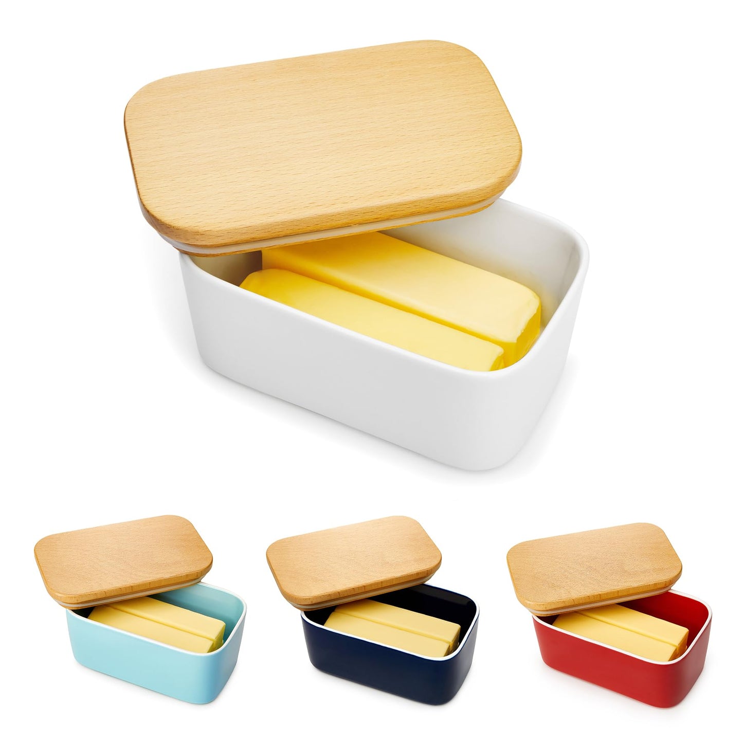 Sweese Large Butter Dish - Airtight Butter Keeper Holds Up to 2 Sticks of Butter - Porcelain Container with Beech Wooden Lid, White