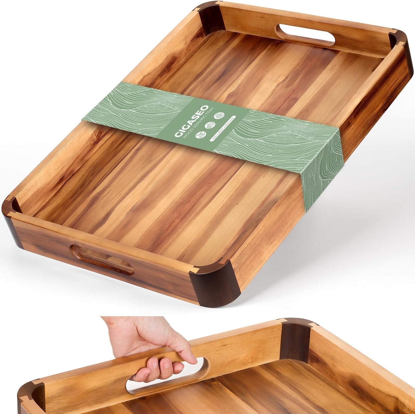 17 13 Inch Counter... x Acacia Wood Serving Tray with Handles, Decorative Wooden Tray Featuring Dark Walnut-Tone Curved