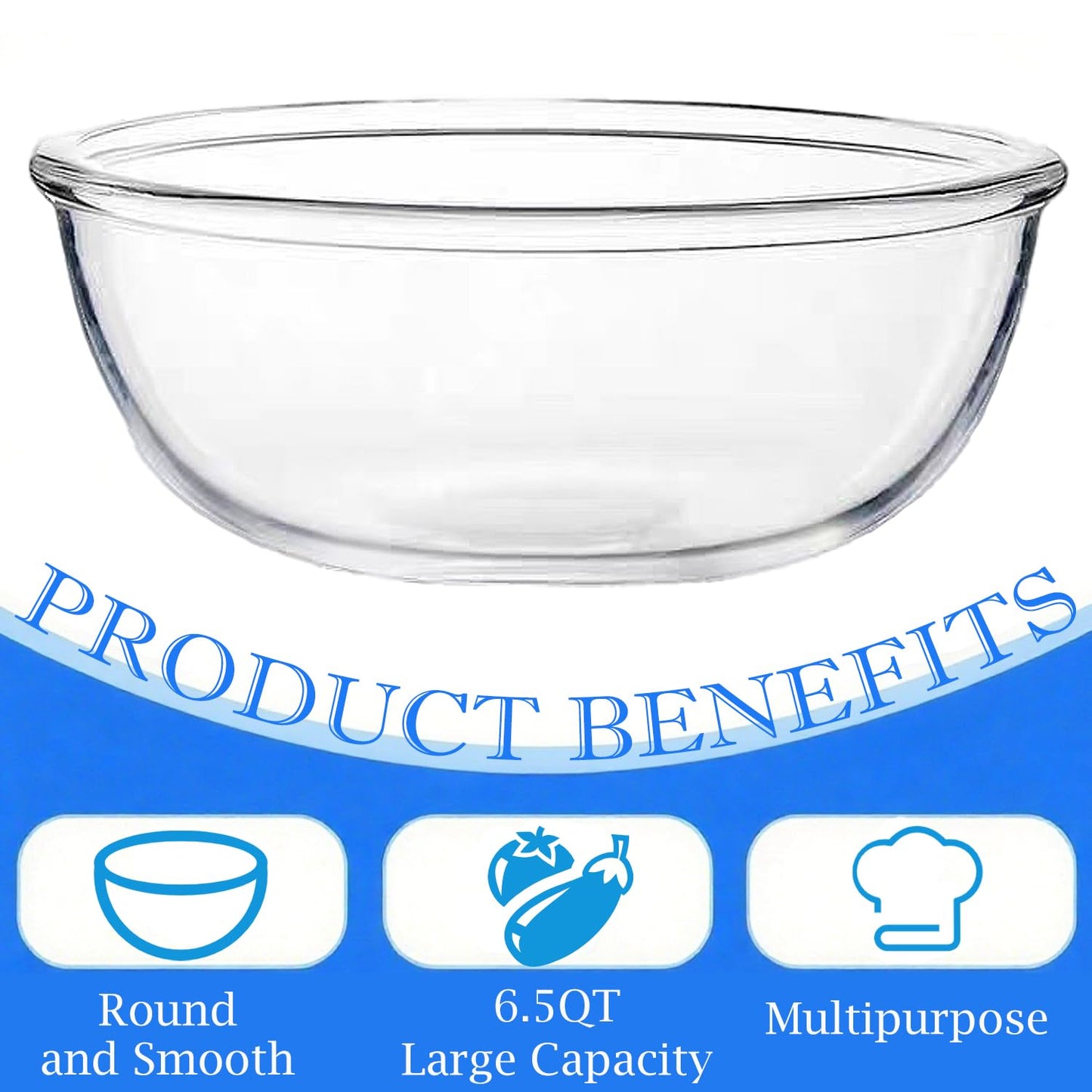 Yuixoseu 6.5 Quart Large Glass Mixing Bowls, Clear Glass Salad Bowls for Cooking, Salad Mixing, Fruit Bread Storage, Dishwasher, Microwave and Freezer