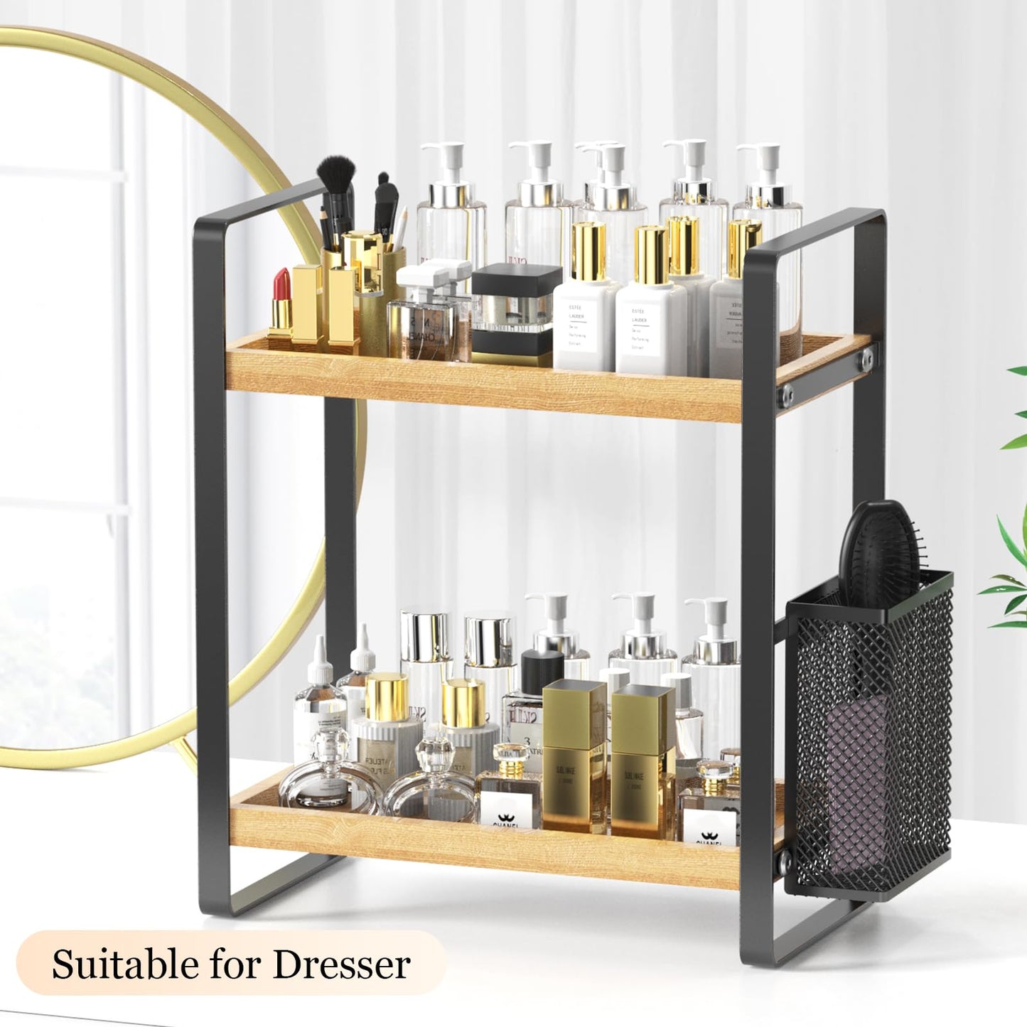 LEMIKKLE 2-Tier Wood Bathroom Counter Organizer with Basket,Waterproof Vanity Perfume Skincare Storage for Bathroom, Kitchen, Dresser