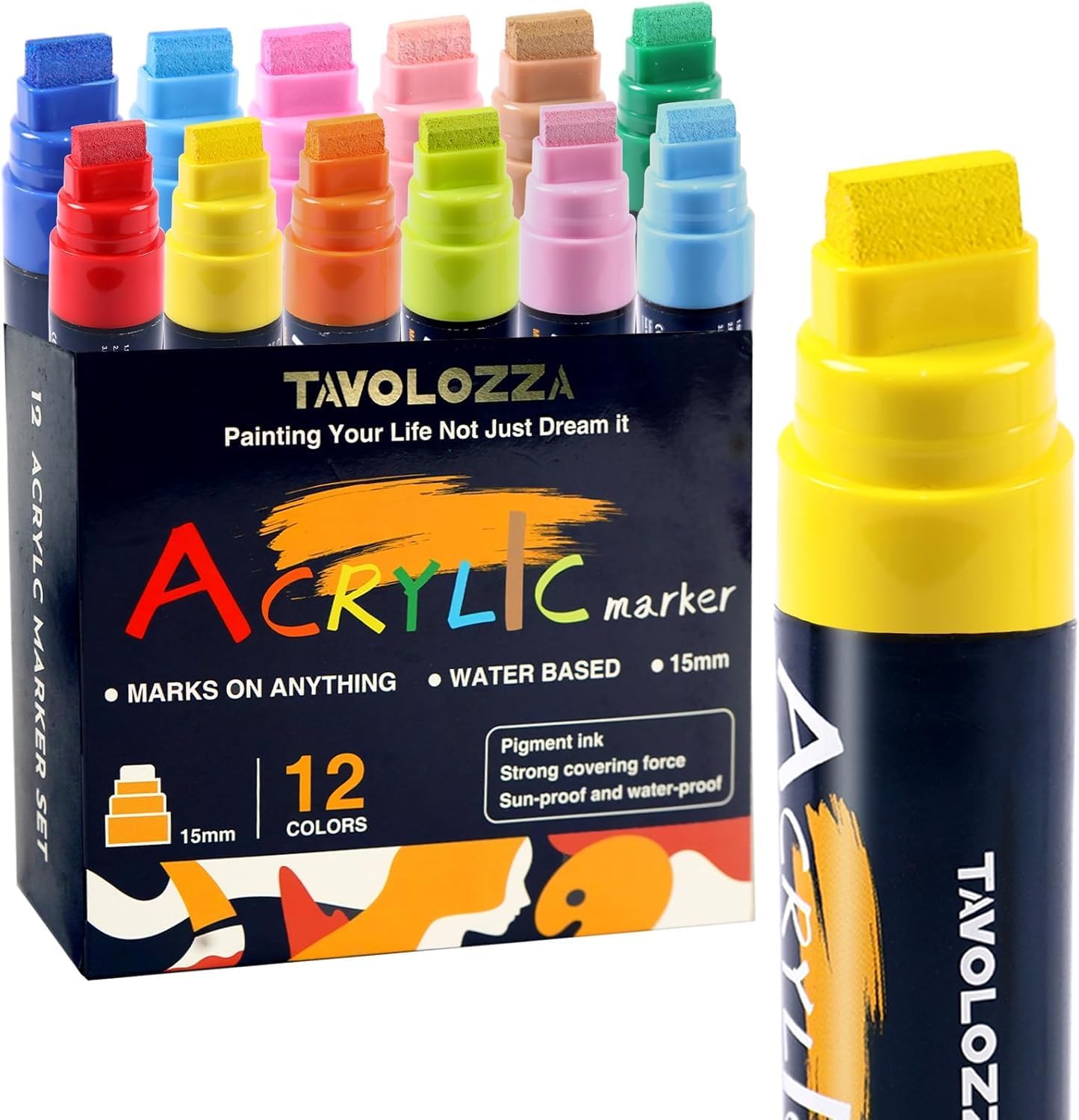 12 15MM Vibrant Colors Jumbo Acrylic Paint Markers, Graffiti Markers, Waterproof Jumbo Poster Markers for Canvas