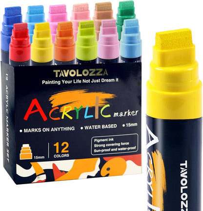 12 15MM Vibrant Colors Jumbo Acrylic Paint Markers, Graffiti Markers, Waterproof Jumbo Poster Markers for Canvas