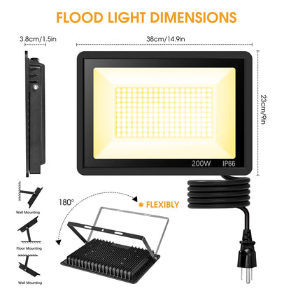 YANYCN 2 Pack 200W Warm White Led Flood Lights Outdoor,3000K Super Bright 15500LM Security Lights with Plug,Exterior IP66 Waterproof FloodLight for Basketball Court, Yard, Garden, Playground