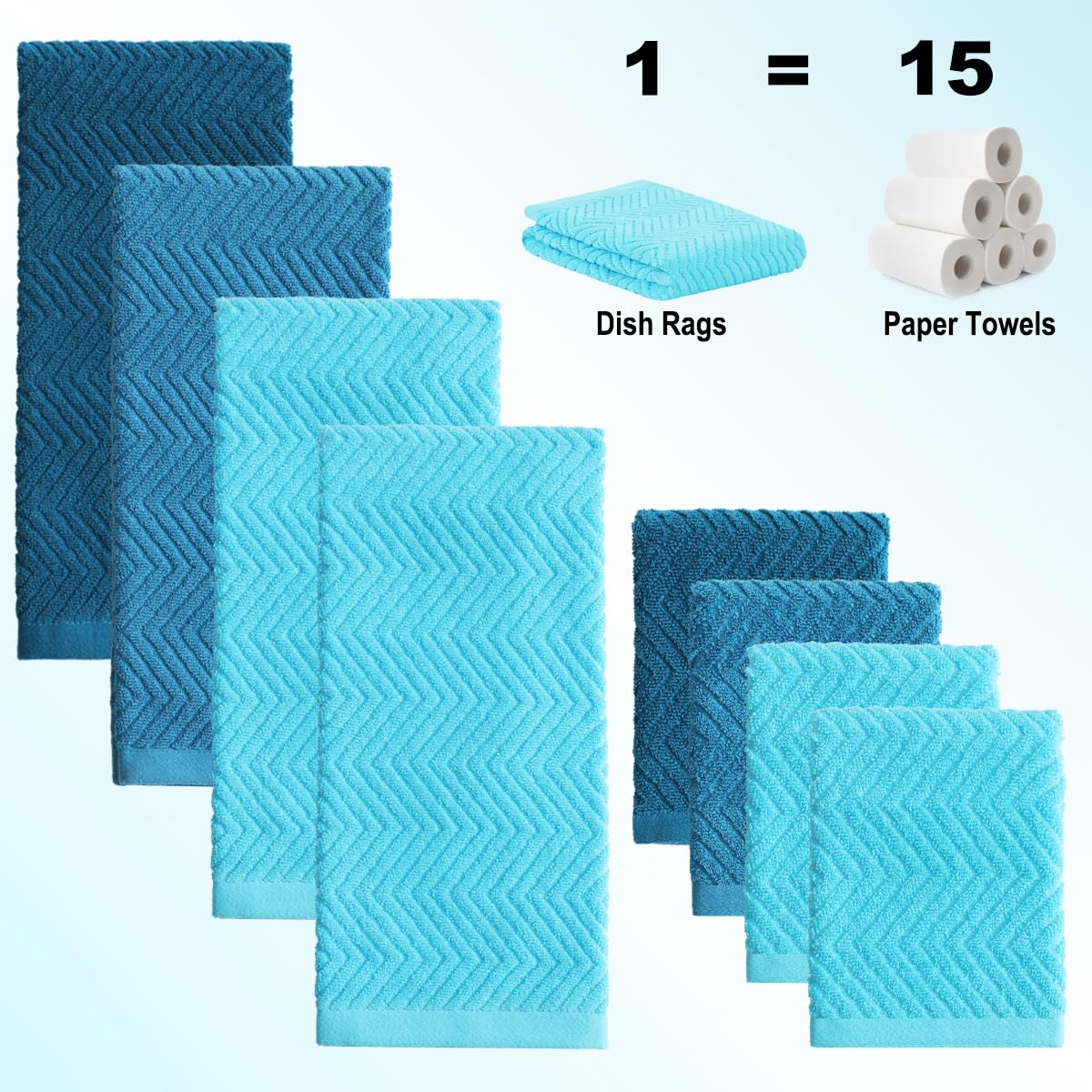 QAJ 100% Cotton Kitchen Towels and Dishcloths Set, Pack of 8 Super Absorbent 16" x 25" Kitchen Towels and 13" x 13" Dish Cloths (400 GSM)