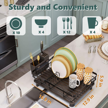 AIDERLY Iron Dish Drying Rack with Drainboard Dish Drainers for Kitchen Counter Extendable Spout Strainers with Utensil Holder and Knife Slots, Black