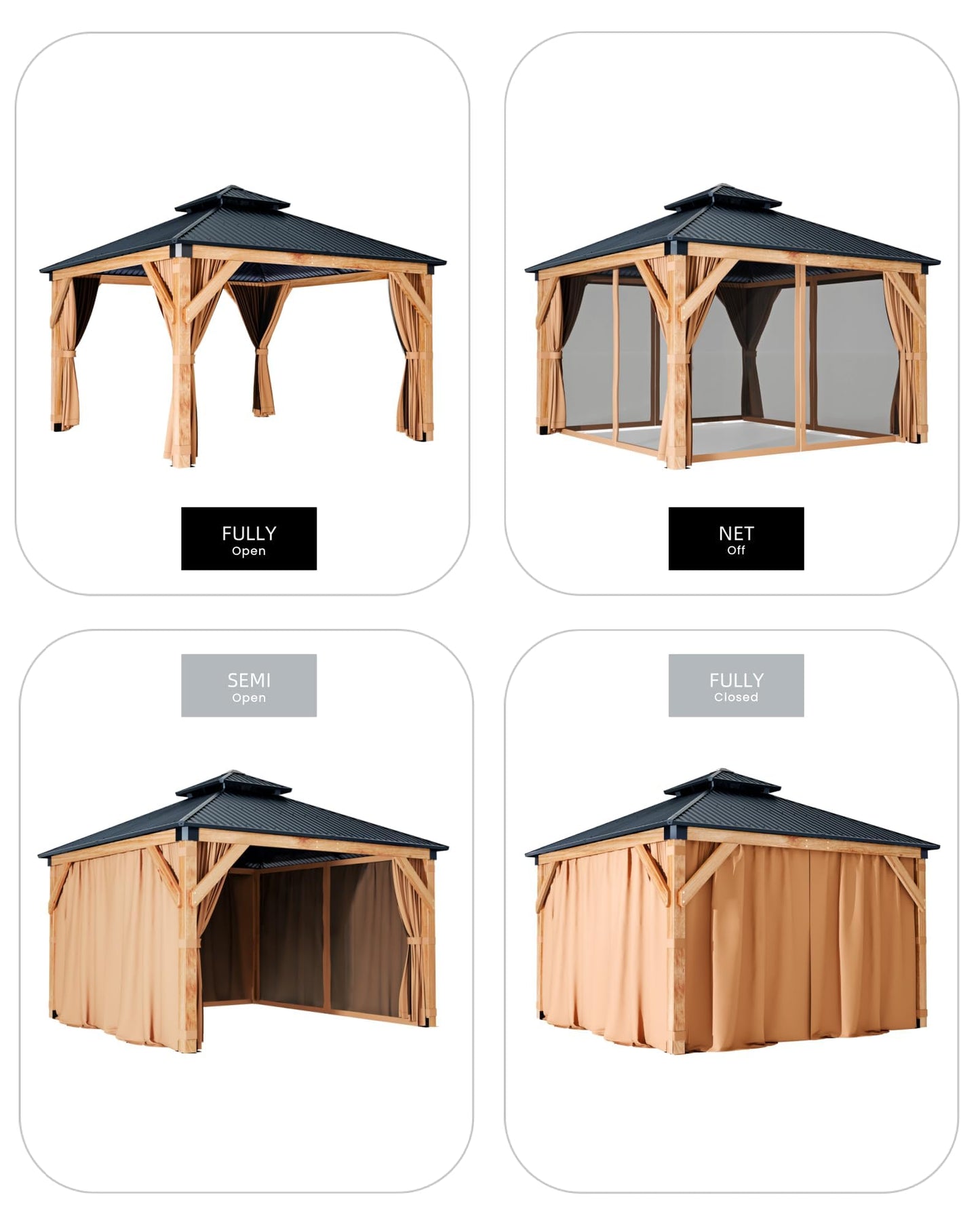 10x10 FT Outdoor Hardtop Wood Gazebo with Cedar Frame, Double Galvanized Steel Roof, Patio Pavilion with Curtains, Mesh Netting & Ceiling Hook for Backyard, Deck, Lawn, Garden