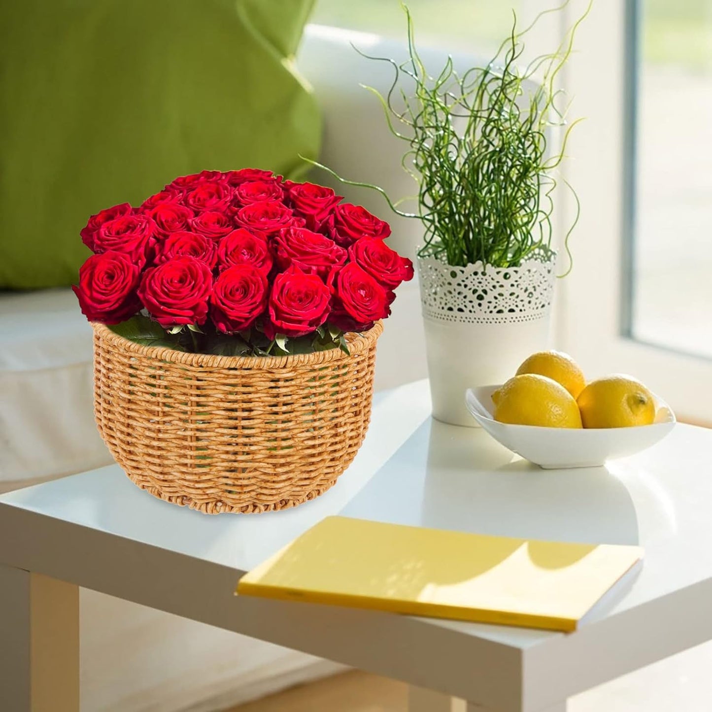 Zerodeko Straw Woven Trash Can - Small Khaki Wastebasket with Handle for Bedroom, Wall Hanging Basket