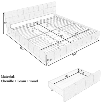 KEIKI King Thick Chenille Bed Frame with 4 Storage Drawer & Upholstered Tufted Headboard, Modern Solid Wood Floor Platform for Bedroom, No Box Spring Needed