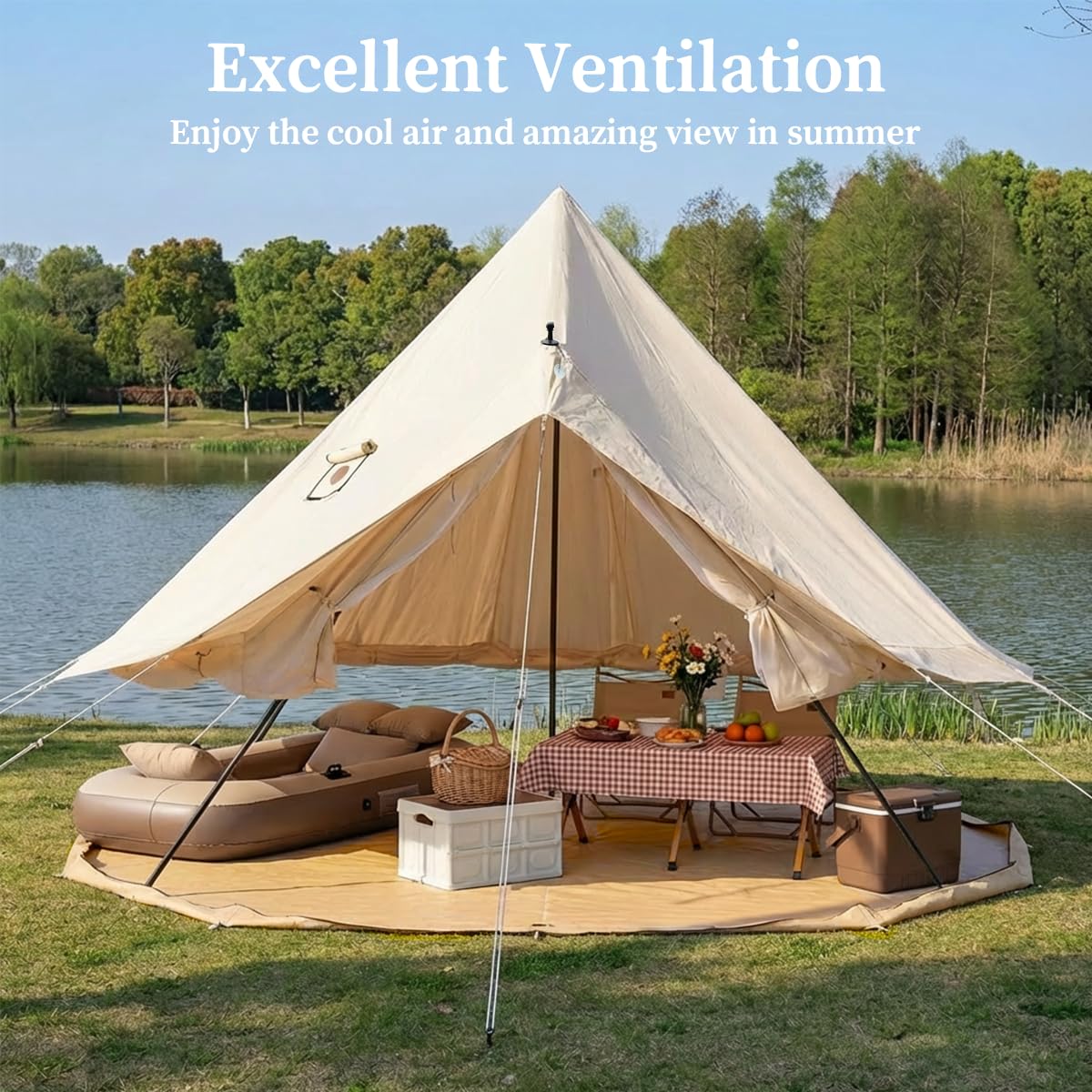 Canvas Bell Tent with Stove Jack, Glamping Yurt Tent for 360° Ventilated Mesh with Zipped Removable Floor, 4 Season Family House Hot Tents for All Year Living (Beige- 4M- 173 sq. ft yurt)