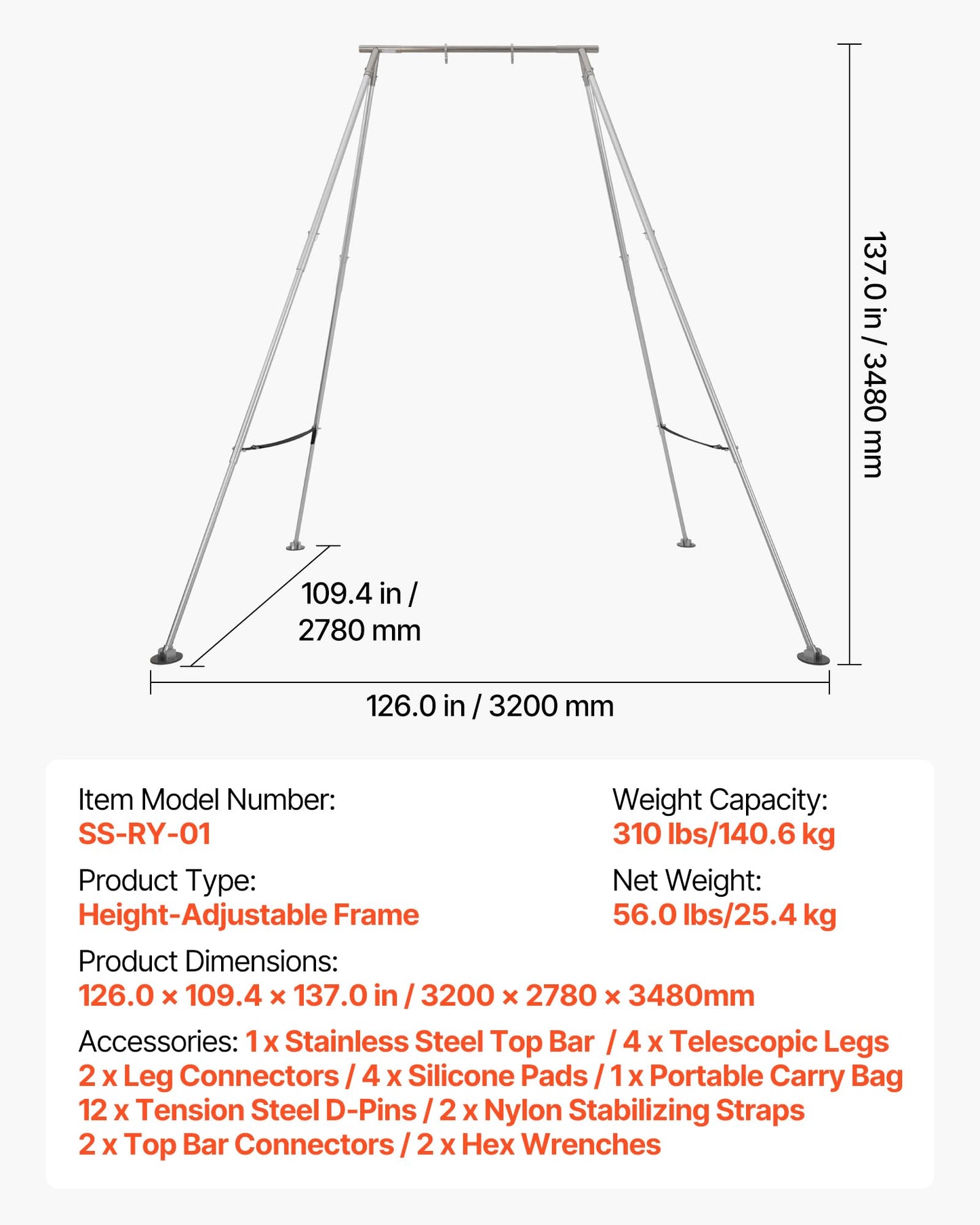 VEVOR Adjustable Yoga Aerial Rig, Aerial Silk Stands with Height Adjustable 5-11FT, Portable Stainless Steel Rig& Aluminum Frame Legs, Fit with Hoops/Lyra/Silks/Hammock