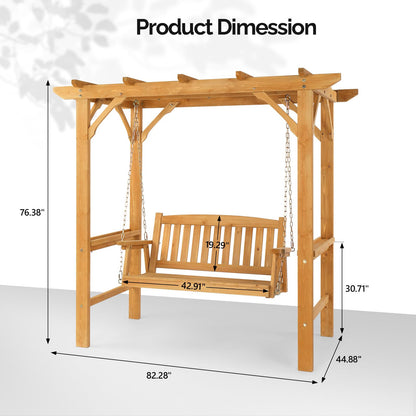 VINGLI 4 FT Heavy Duty Wooden Porch Swing with Stand, Waterproof Patio Swing with Archway-Shaped Swing Set, Outdoor Swing Chair with Frame for Garden, Yard and Patio