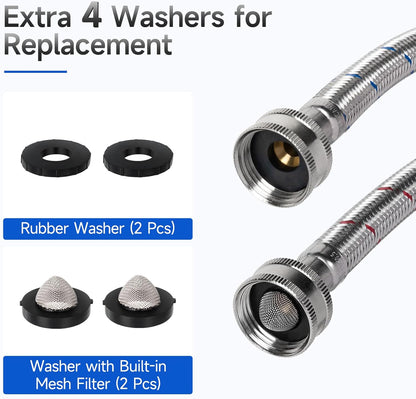 JUWO 6 FT Washing Machine Hoses, 3/4" FHT Stainless Steel Washer Hoses for Short to Moderate-Distance Water Supply, Red
