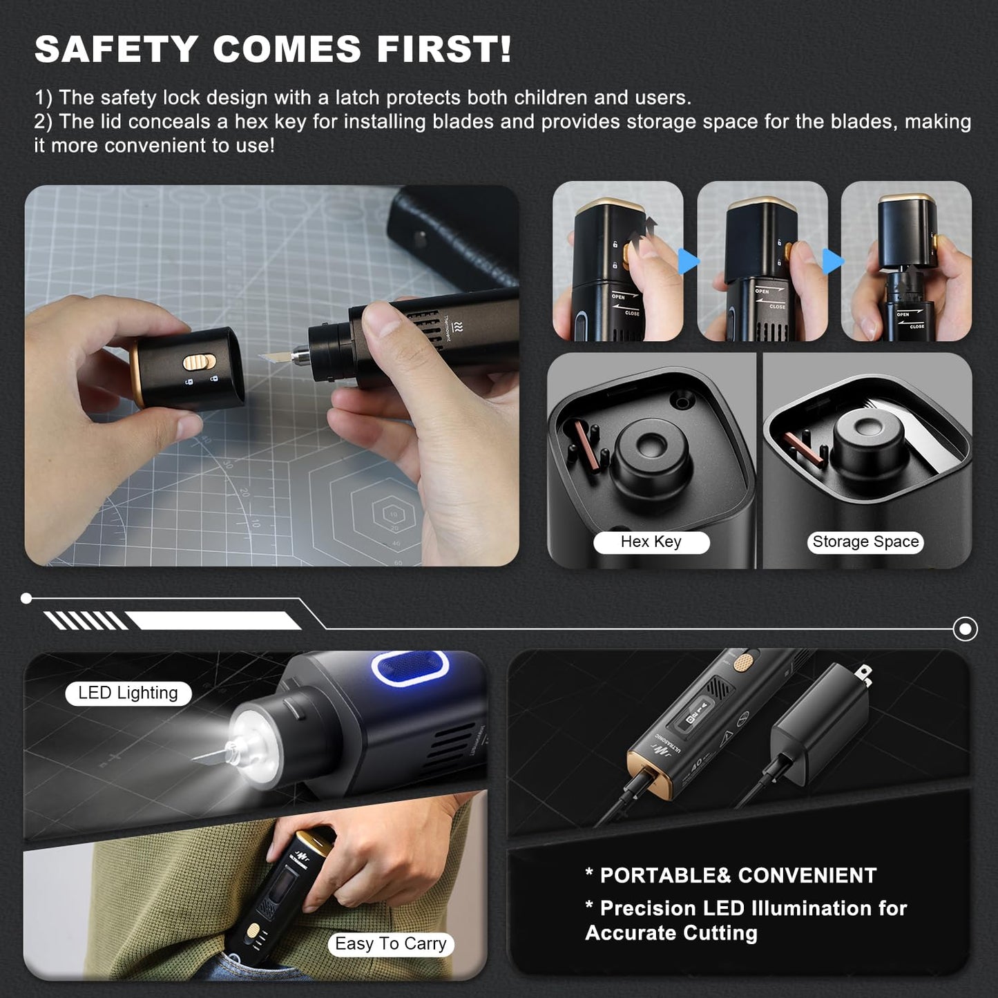 40KHz Ultrasonic Cutter Knife Pro, Handheld Craft Cutting Tool for 3D Prints,PVC,Leather,Plastic,Resin | Includes 50 Replacement Blades & Display Case | Multifunctional Sonic Knife for DIY,Modeling
