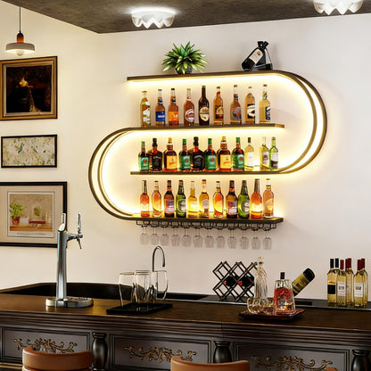 amhricho Wall Mounted Wine Rack with LED Light, Half Round Multi Tier Wine Rack with Wine Glass Hooks, Iron Wine Bottle Display Rack for Kitchen, Bar, Cafe (Black, 94.5 * 7.87 * 47.2INCH)