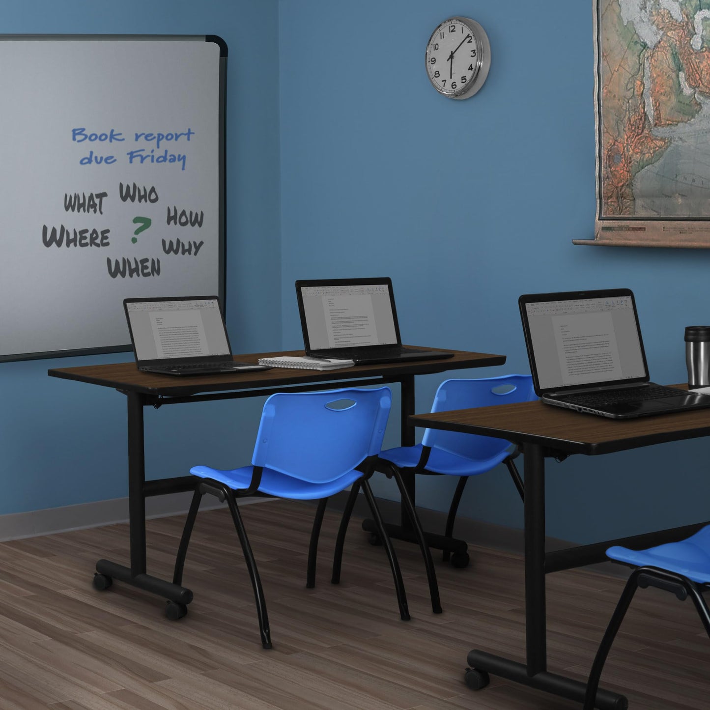 Regency Kobe 72 x 30 in. Flip-Top Training Nesting Table- Neo Walnut, 2 M Stack Chairs- Blue