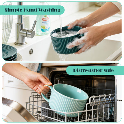 ASelected 2PCS Soup Bowls with Handles, 3.6×7.1Inch Ceramic Bowl with Lid, Blue, Dark Green Soup Mugs with Handles, Microwave Soup Mug with Lid for Soup, Noodles, Oatmeal