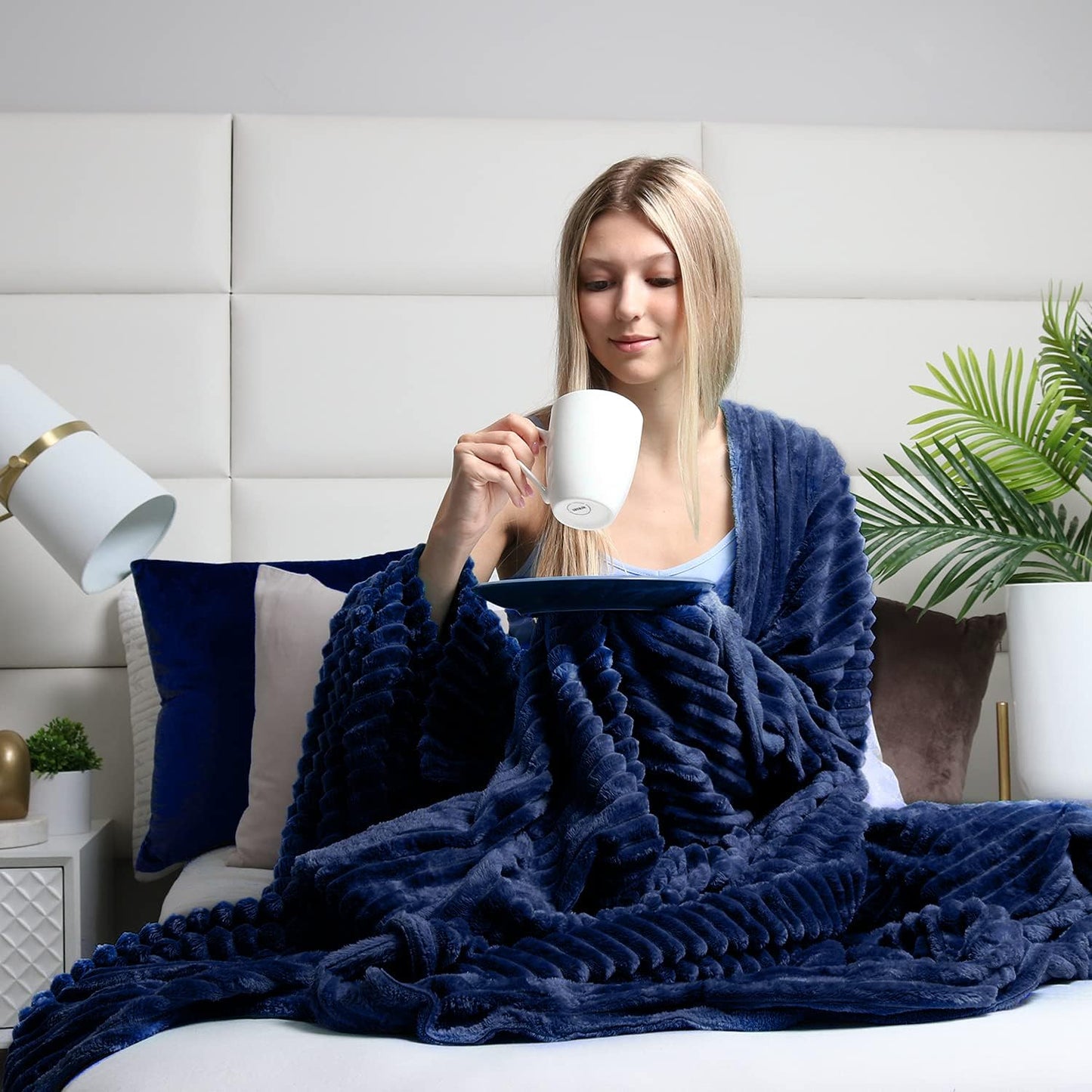 Clara Clark Cut Plush Fleece Throw Blanket, Lightweight Super Soft Fuzzy Luxury Bed Blanket (50x60) Navy Blue