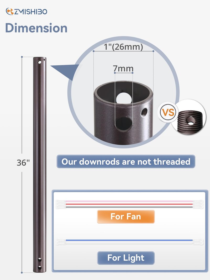 ZMISHIBO 36 Inch Ceiling Fan Downrod with Extension Cord, 1" Diameter and 36" Height Ceiling Fan Extension Rod with Wires, Downrods Extension for Most of Ceiling Fans, Oil Bronze, Not Threaded