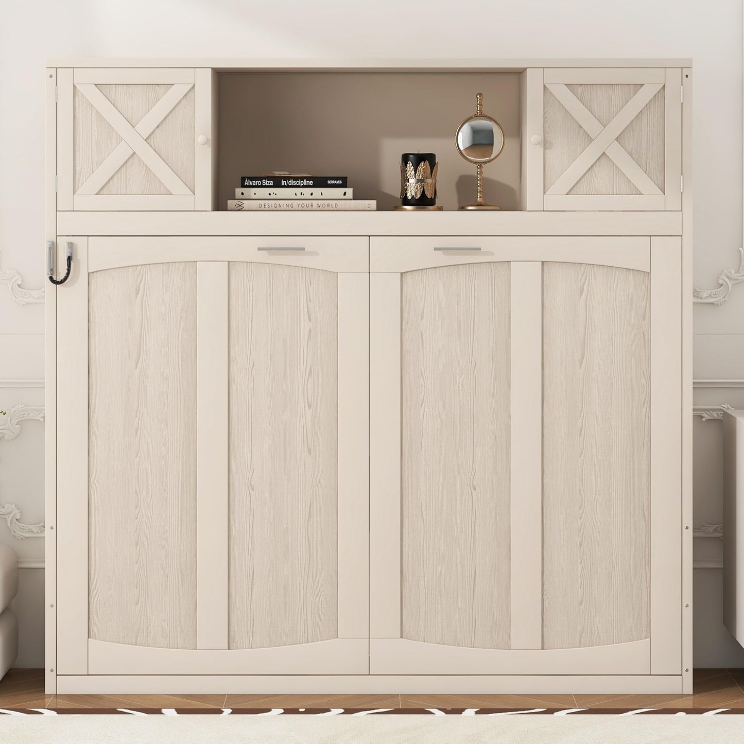 Ball & Cast Full Size Murphy Bed with Storage Cabinet,Wood Hideaway Beds,Folded Wall Bedframe for Bedroom,Guestroom,Space Saving,White