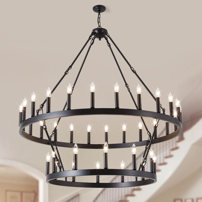 VBKK Black Wagon Wheel Chandelier 2 Tier 36-Light, 48-Inch Large Farmhouse Industrial Chandelier Round Rustic Pendant Light Fixture for High Ceilings Foyer, Entryway, Dining Room, E12
