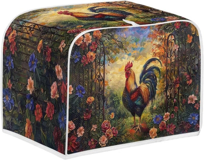 Rooster Flower Toaster Cover, 2 Slice, Brown Washable Dustproof Bread Maker Protector, Kitchen Appliance Gift for Mom
