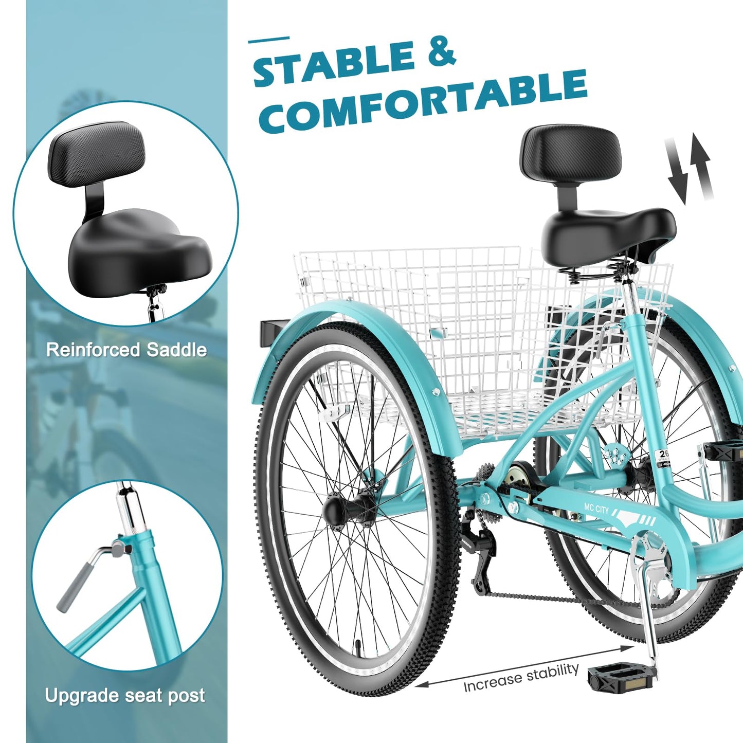 Slsy Adult Tricycle 7 Speed, 20/24/26 Inch Step-Through 3 Wheel Bike for Adults with Large Shopping Basket, 350 lb Capacity Adult Trike for Seniors, Women and Men