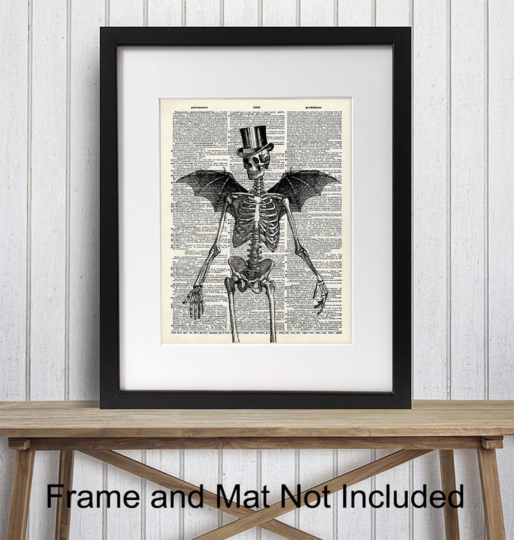 Skeleton Decor - Bat Wall Decor - Steampunk Decoration - Gothic Home Print Wall Art - Goth Room Picture - Gothic Gifts - Medieval Art - Creepy Scary Poster 8x10 - Halloween Decorations - Skull Picture