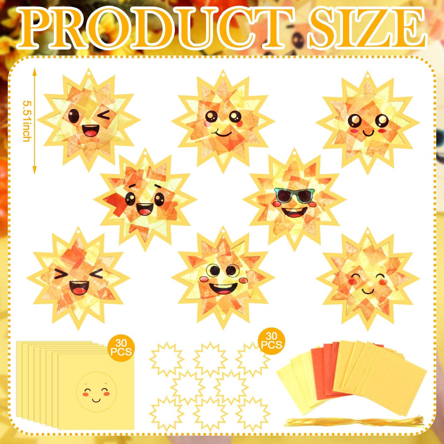 AmazingSpark 30 Pcs Sun Suncatchers Paper Craft Spring Sun Face DIY Stained Glass Effect Tissue Paper Kits Gift Bulk for Summer Sunshine Activities Art Party Decor