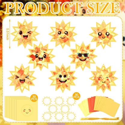AmazingSpark 30 Pcs Sun Suncatchers Paper Craft Spring Sun Face DIY Stained Glass Effect Tissue Paper Kits Gift Bulk for Summer Sunshine Activities Art Party Decor